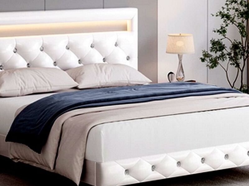 Cama Tapizada Microcuero Blanco PALMARES 